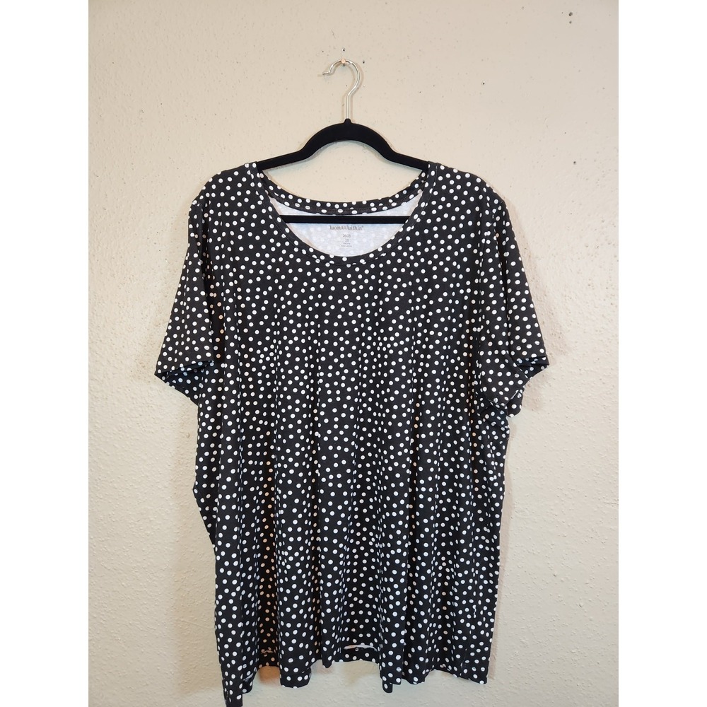 Woman Within Womens 2X Black Polka Dot T-Shirt Short Sleeve Scoop Neck Cotton